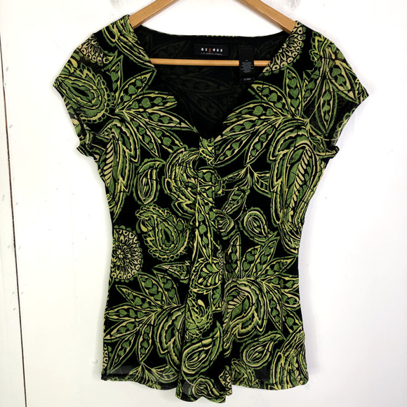 Axcess Top Womens M Ruched Front Paisley Green Fairy Grunge Y2K Sheer Sleeves - Picture 1 of 8